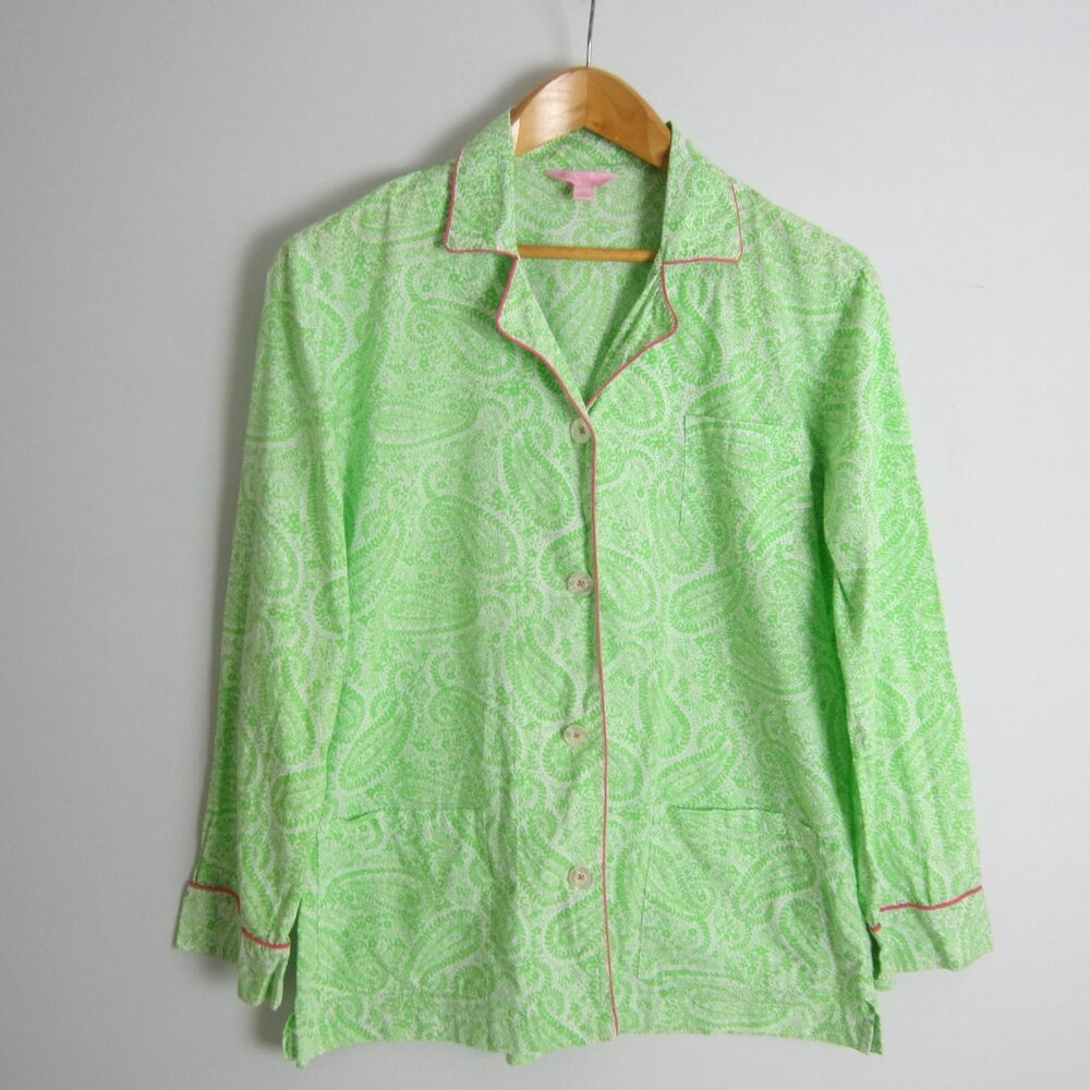 Lilly Pulitzer Womens M Green Pink LS Paisley 100% Cotton Shirt Pockets PJ Top